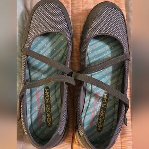 Skechers Gray Knit Mary Jane Flats with Cross Straps